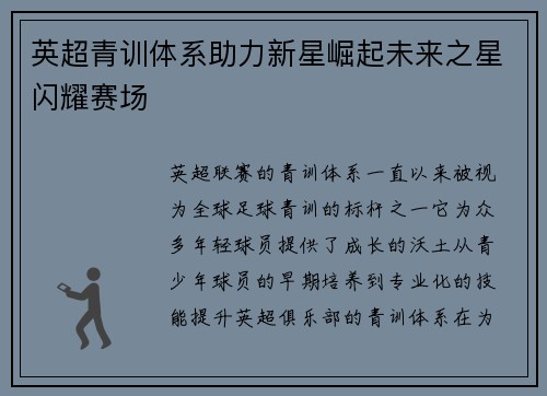 英超青训体系助力新星崛起未来之星闪耀赛场