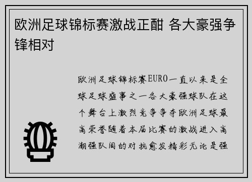 欧洲足球锦标赛激战正酣 各大豪强争锋相对