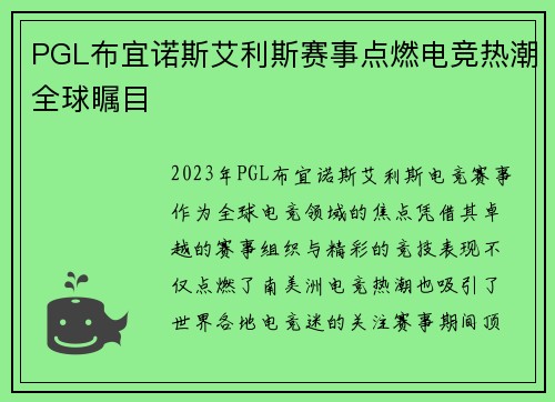 PGL布宜诺斯艾利斯赛事点燃电竞热潮全球瞩目