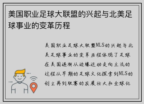 美国职业足球大联盟的兴起与北美足球事业的变革历程